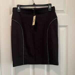 Black Fitted Skirt, Straight Cut, Faux Leather Piping, Stretch, Pull On Waist